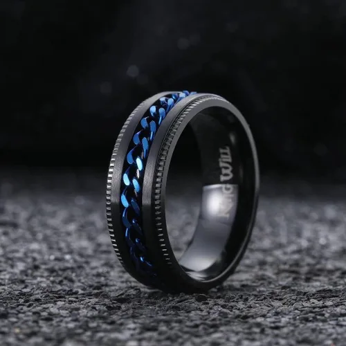 Miniatura 52 de King Will - Anillo antiestrés de acero inoxidable 316L para hombres y mujeres, con cadena decorativa giratoria, 8 mm de ancho, anillo de boda