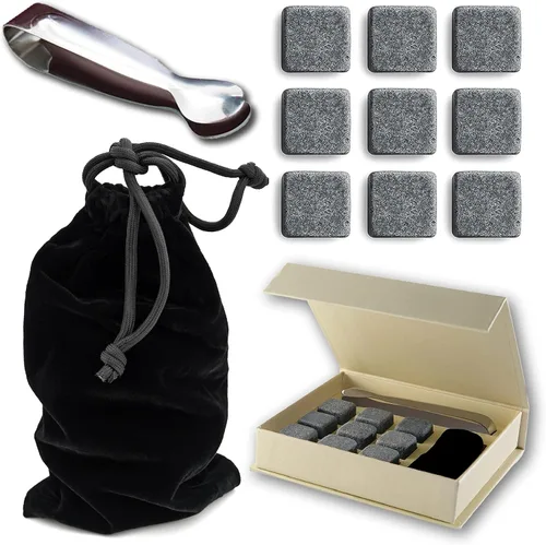 Miniatura 9 de Set de 9 Piedras para Enfriar Bebidas Grises [Chill Rocks] Piedras para Whisky para Whisky y Otras Bebidas - en Caja de Regalo con Funda