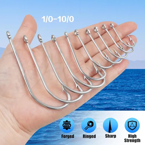Miniatura 6 de Ganchos de pesca de agua salada de acero inoxidable – 50 ganchos O'shaughnessy forjados de caña larga J anzuelos de pesca extra fuertes para pesca