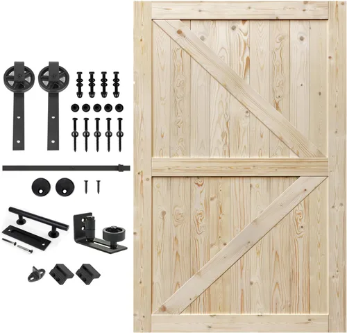 Miniatura 8 de S&Z TOPHAND 20 pulgadas x 84 pulgadas. Puerta de granero anudada británica sin terminar con kit de herrajes deslizantes de 4 pies/madera
