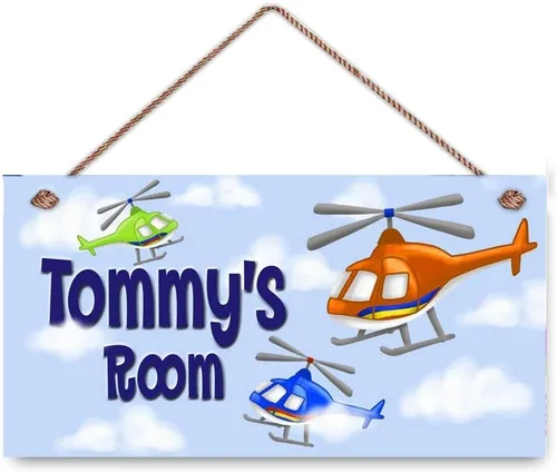 Letrero para habitación de niños, helicóptero, azul, naranja, verde lima, para niños, letrero personalizado para puerta, dormitorio, guardería,