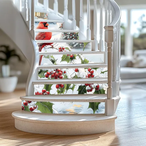 Miniatura 2 de PLIGREAT 15 tiras de calcomanías de Navidad para escaleras, despegar y pegar pájaros, árbol de Navidad, calcomanías para escalones de 7.1 x 39