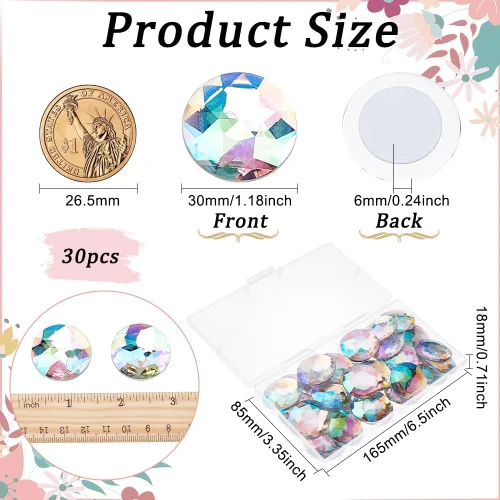 Miniatura 2 de FINGERINSPIRE 30 diamantes de imitación acrílicos redondos con parte trasera plana de 1.181 in con contenedor, gemas circulares de cristal Ab