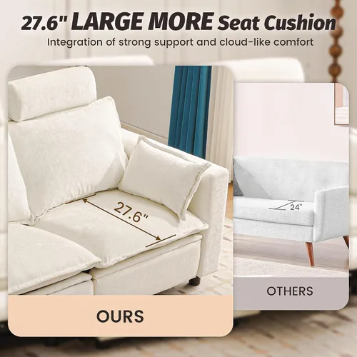 Miniatura 4 de Sofá reclinable eléctrico de gran tamaño, sofá reclinable de chenilla blanco crema con reposacabezas ajustable, almohadas, juego de muebles