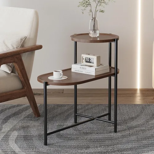 Miniatura 9 de Mesa auxiliar redonda de 2 niveles con extremo de café irregular, mesa pequeña con marco de metal para sala de estar, dormitorio (negro)