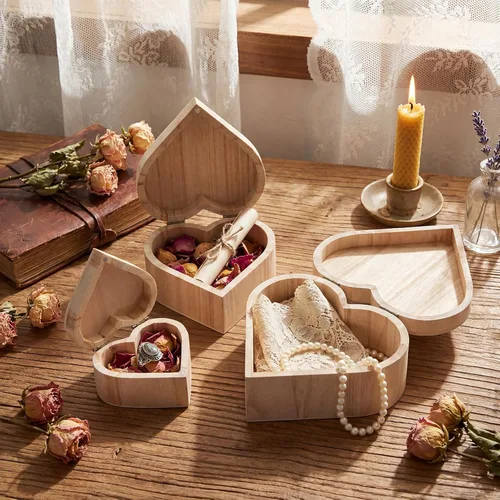 Miniatura 5 de Taiyin Caja de madera de corazón sin terminar de 12 piezas con 10 pinceles de arte, cofre del tesoro de madera sin pintar, caja de pino natural