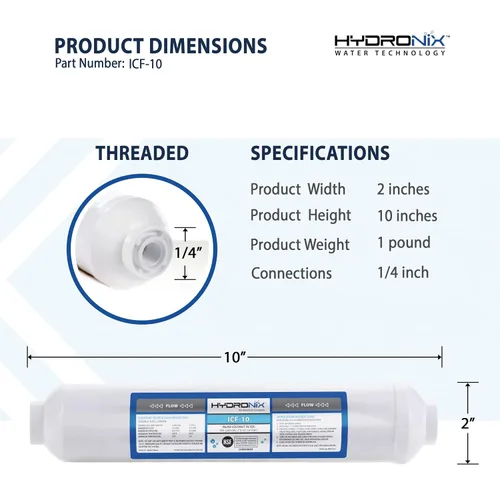 Miniatura 2 de Hydronix ICF-10 RO Filtro de ósmosis inversa de post-pulido, filtro de agua de coco GAC en línea para refrigerador y hielo, 2000 gal, 1/4" NPT