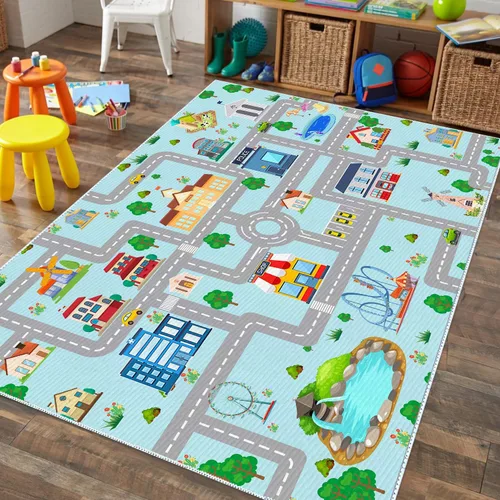Miniatura 2 de Alfombra de coche para niños, 2 pies 7 pulgadas x 4 pies, alfombra de juego de tráfico urbano para autos de carreras y juguetes, divertida alfombra