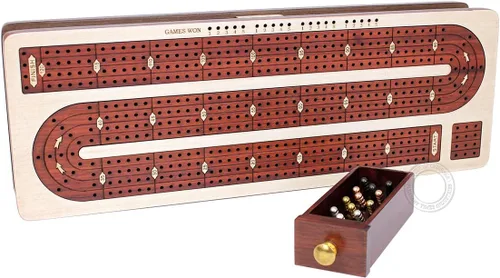 Miniatura 4 de House of Cribbage - Tabla de cuna continua con incrustaciones de madera de arce, madera de sangre, 4 pistas, espacio de almacenamiento separado