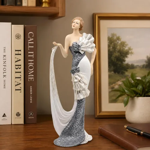 Miniatura 8 de Comfy Hour Figura de dama victoriana de 13 pulgadas, elegante estatua de mujer en vestido blanco y plateado, estilo art déco de los años 20, acento