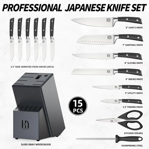 Miniatura 6 de KnifeSaga Juego de cuchillos de cocina de alta calidad, 15 piezas con bloque, juego de cuchillos afilados de acero inoxidable japonés de alto Gris