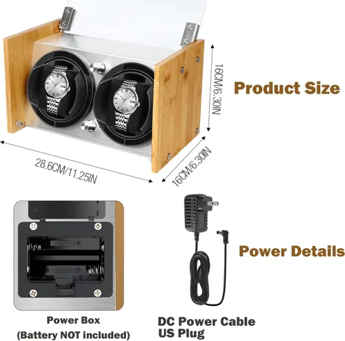 Miniatura 6 de Bobinadora de reloj de bambú para 2 relojes automáticos grandes a pequeños de Watch Winder Smith