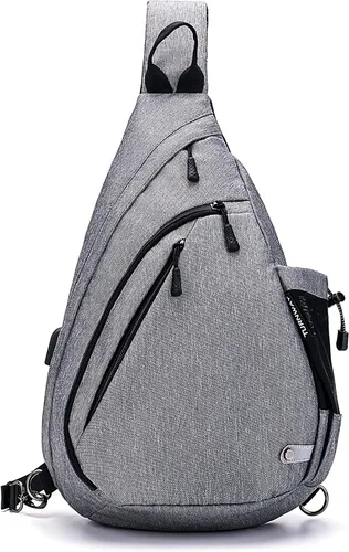 TurnWay - Bolsa bandolera impermeable, bolsa cruzada, bolsa al hombro, con puerto de carga USB para viajes, senderismo, ciclismo, campamento Gris