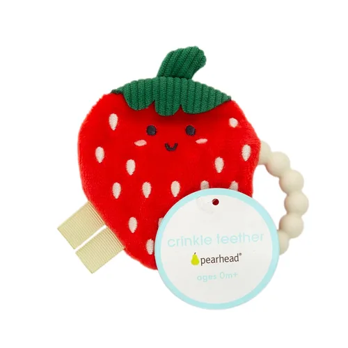 Miniatura 9 de Pearhead Mordedor de fresa para bebé, juguete sensorial de felpa suave con anillo de cuentas de silicona sin BPA y sonido arrugado, alivia el dolor
