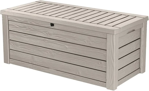 Keter Westwood - Caja de almacenamiento grande de resina de 150 galones para muebles de patio, cojines de exterior, herramientas de jardín y Beige