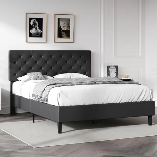 Miniatura 7 de REVOMINCA Marco de cama matrimonial con cabecero, plataforma tapizada de piel sintética, marco de cama negro tamaño matrimonial, soporte de listones