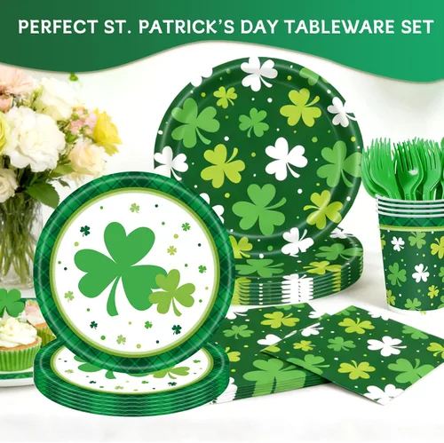 Miniatura 4 de Decoraciones para el Día de San Patricio para 24, suministros de fiesta desechables de trébol con platos llanos, platos de postre, vasos