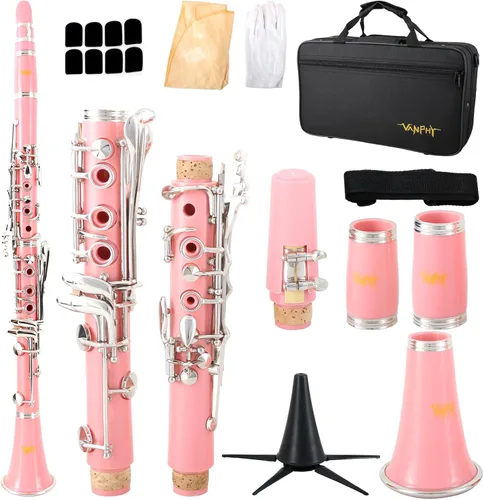 Miniatura 10 de Clarinete BB para estudiantes principiantes Clarinete plano B Clarinete de 17 teclas con correa de soporte de estuche, 2 barriles, 8 boquillas, Azul