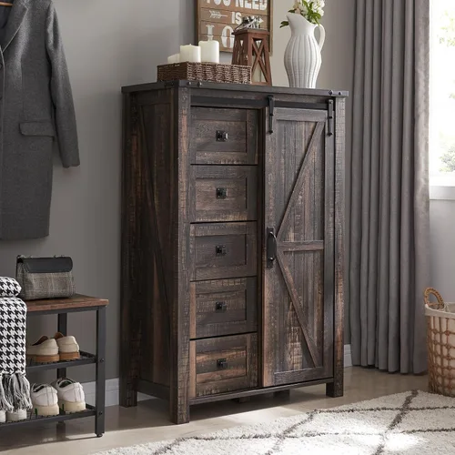 Miniatura 12 de T4TREAM Cómoda de 5 cajones para dormitorio con puerta de granero deslizante, cómoda moderna alta de estilo granja, 5 cajones, organizador de Roble