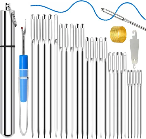 KYUEWRT 25 Agujas de Bordado de Ojo Grande, 5 Tamaños de Agujas de Coser de Ojo Grande con Exquisito Tubo de Almacenamiento de Aluminio para