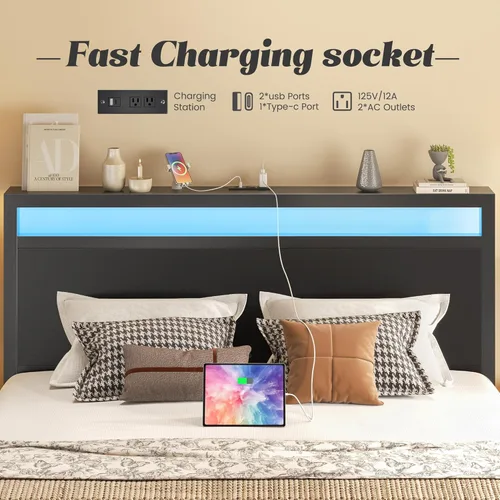 Miniatura 5 de Fluest Base de cama Queen con cabecero y estribo, marco de cama con estación de carga integrada y luz LED, estante de almacenamiento, sin ruido,