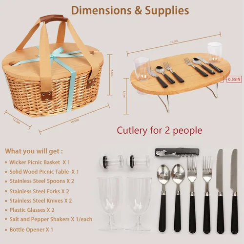 Miniatura 5 de Hap Tim Juego de Cesta de Picnic de Mimbre para 2 con Mini Mesa Plegable de Vino para Picnic y Bolsa Refrigeradora Grande Aislada y Kits de Servicio