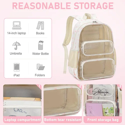 Miniatura 179 de CAMTOP Mochila transparente resistente y transparente para estudiantes, escuela, trabajo, festival, viajes, deportes, Beige, Mediana, Camtop Mochila
