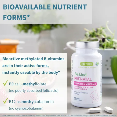 Miniatura 4 de Igennus Multivitamínico prenatal metilado para mujeres, folato para MTHFR, alta absorción, puro y limpio, hierro suave, colina, calcio y magnesio