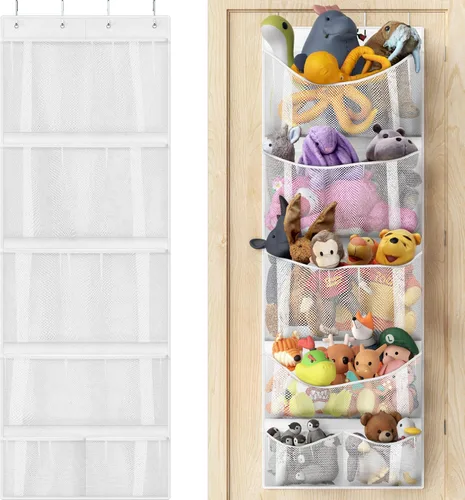 Simple Houseware Organizador de almacenamiento de animales de peluche sobre la puerta, soporte para juguetes colgantes con 6 bolsillos de malla para