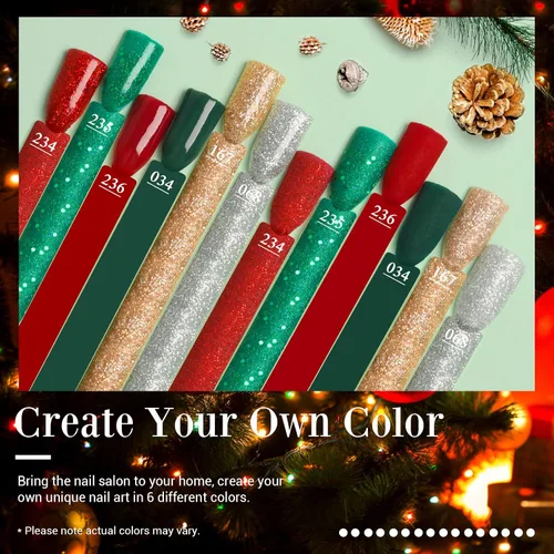 Miniatura 2 de AZUREBEAUTY Juego de uñas en polvo de inmersión, 6 colores con purpurina, rojo, verde, plateado, dorado, kit de iniciación de polvo de inmersión