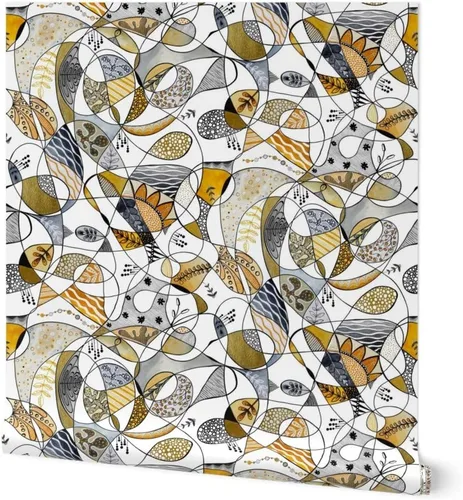 Muestra de papel tapiz extraíble - Línea Gris Amarillo Grande Negro Blanco Hojas Círculos Puntos Papel pintado personalizado pre-pegado por