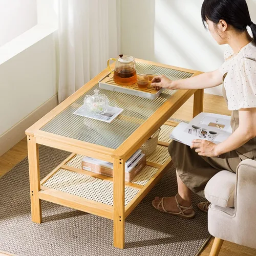 Miniatura 3 de Gdrasuya10 Mesa de centro moderna de bambú para sala de estar, mesa auxiliar rectangular de 2 niveles, mesa central de vidrio, estante