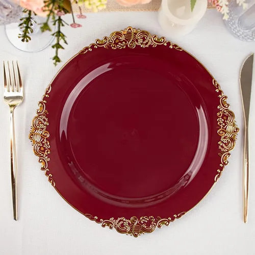Miniatura 30 de Tableclothsfactory Paquete de 10 platos redondos de plástico barroco dorado de 8 pulgadas para ensalada de postre, vajilla desechable con borde