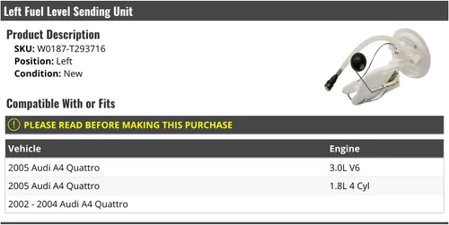 Marketplace Auto Parts Unidad de envío de nivel de combustible del lado izquierdo del conductor, compatible con Audi A4 Quattro 2002-2005