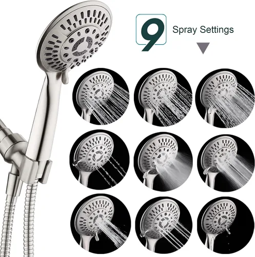 Miniatura 2 de BRIGHT SHOWERS Juego de cabezal de ducha de mano con 9 ajustes de pulverización con filtro de ducha de alto rendimiento para agua dura, níquel