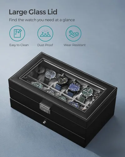 Miniatura 89 de SONGMICS UJWB012 - Caja de reloj de 12 ranuras, caja de reloj con cerradura con tapa de vidrio, 2 capas, con 1 cajón para anillos, pulseras, idea