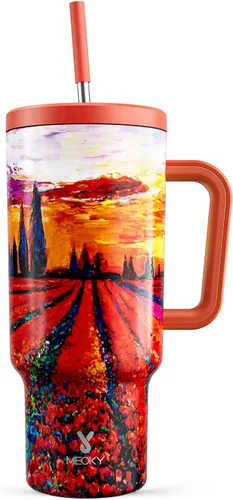 Miniatura 11 de Meoky Vaso de 40 onzas que brilla en la oscuridad con asa y popote, vaso con tapa y pajita, vaso aislado de acero inoxidable para viaje, 100% a