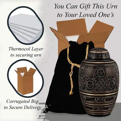 Miniatura 7 de Forever URNS Urna de cremación para adultos con acabado grabado a mano de latón negro Beauty para cenizas humanas de mujeres y hombres, 200 pulgadas