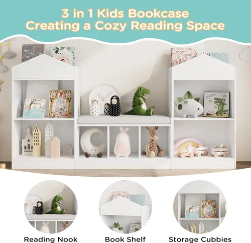 Miniatura 7 de MHOM Estantería infantil de 68.9 pulgadas con rincón de lectura, organizador de almacenamiento de juguetes con cojín de asiento y 7 cubos de Blanco