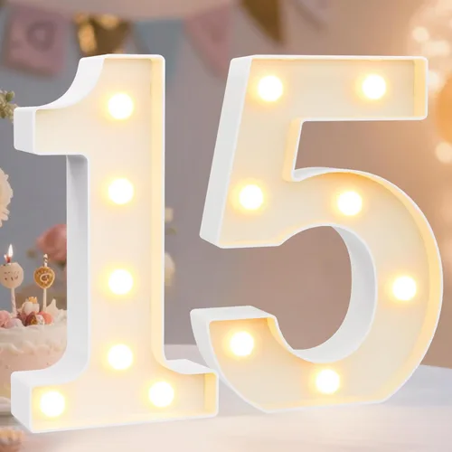 Miniatura 40 de Pooqla Letras y Números Decorativos con Luces LED, Letras y Números de Neón de Plástico Blanco para Decoración de Fiestas, Bodas, Funciona