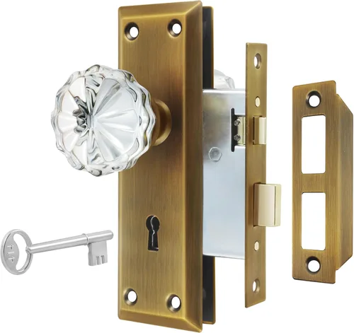 Juego de Cerradura de Embutir para Puerta Interior, Pomos de Puerta de Latón Antiguo con Cerradura y Llave Esqueleto, Pomos de Puerta de Cristal de