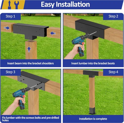 Miniatura 4 de JEXALINE Kit de pérgola de acero de aleación pesada con soportes en forma de T de 3 vías para madera de 4 x 4 pulgadas (real 3.6 x 3.6 pulgadas)
