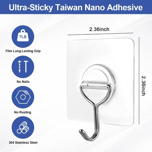 Miniatura 2 de Ganchos adhesivos de pared para colgar abrigos resistentes, 13 libras (máx.), gancho transparente impermeable multiusos, ganchos de acero inoxidable