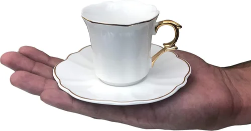 Miniatura 4 de Brew To A Tea Juego de 6 tazas de café turco de porcelana con platillos, color blanco con diseño de ribete dorado y caja de regalo, aptas
