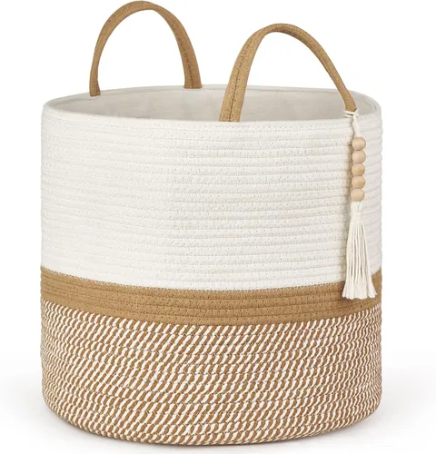 Miniatura 19 de Mkono Cesta Alta de Mimbre para Ropa Sucia Cesta de Almacenamiento Tejida Cesta Decorativa de Cuerda Natural Decoración de Cuentas de Madera