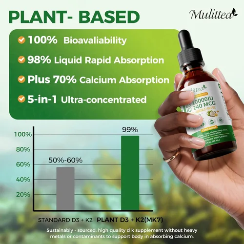 Miniatura 6 de Mulittea Líquido orgánico de vitamina D3 K2 con aceite de linaza y coco MCT vegano Omega-3, 10000 UI, líquido de vitamina D, sin rellenos, K2 sin