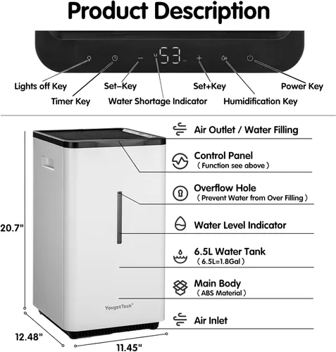 Miniatura 6 de YougetTech Humidificadores evaporativos Tanque de 6.5 L (1.8 galones) para toda la habitación humidificador sin niebla Humidificadores fríos
