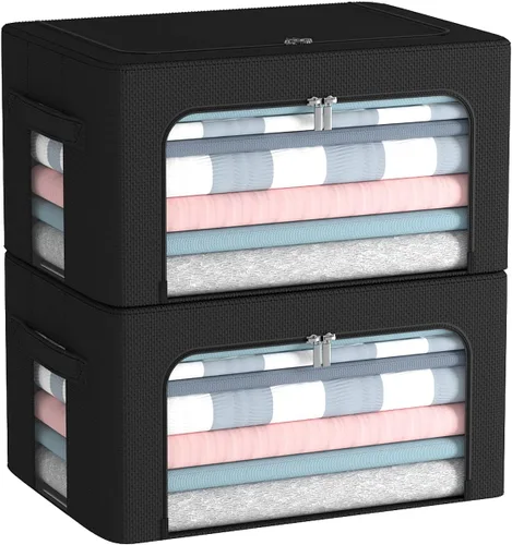 Miniatura 18 de CYhom Caja de almacenamiento de ropa, juego organizador plegable de tela de lino con ventana transparente, asas de transporte y marco de metal, 2