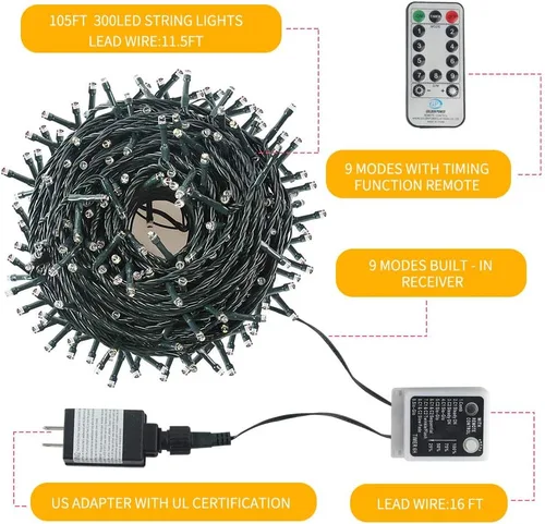 Miniatura 2 de Chuya 300 luces LED para árbol de Navidad que cambian de color, blanco cálido a multicolor, enchufe de extremo a extremo, 9 modos, tira de luces