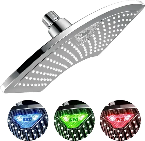 Dream Spa AquaFan cabezal para regadera de 12 pulgadas, todo cromado, con luces LED de colores intercambiables, pantalla LED/LCD de temperatura